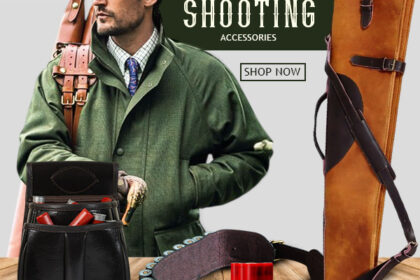 Man in green hunting jacket carrying a leather rifle case, surrounded by premium shooting accessories including a black leather ammo pouch, cartridge belt with shotgun shells, and tan leather gun slip.