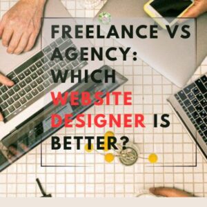 Top view of people working on laptops around a table, representing the comparison between freelance and agency website designers.