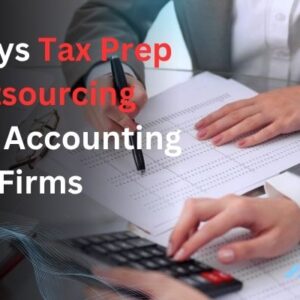 Two professionals reviewing financial documents with a calculator and pen, highlighting the benefits of tax preparation outsourcing for accounting firms.