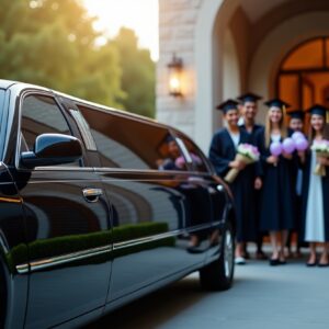 Sleek black graduation limo arrival in Washington DC, graduates stepping out with caps, gowns, balloons