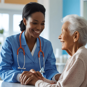 A female doctor taking care of a old female patient