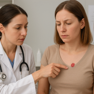 Hemangioom Volwassenen: Medical professional examining a patient’s skin condition in a clinical setting, representing hemangioma in adults and its diagnosis process
