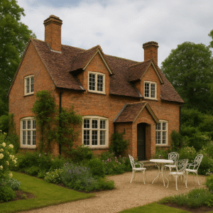 A charming historic brick tea house with a red-tiled roof, surrounded by lush gardens, colorful flowers, and mature trees, featuring a small outdoor seating area with white wrought-iron chairs and a table on a gravel path.