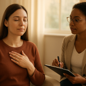 Therapist guiding a client through a mindful, body-based exercise during an intuitive psychotherapy session.