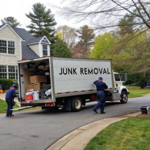 Two workers load household items and debris into a truck labeled ‘Junk Removal’ parked outside a suburban home with a well-kept lawn and driveway, during a residential cleanup.